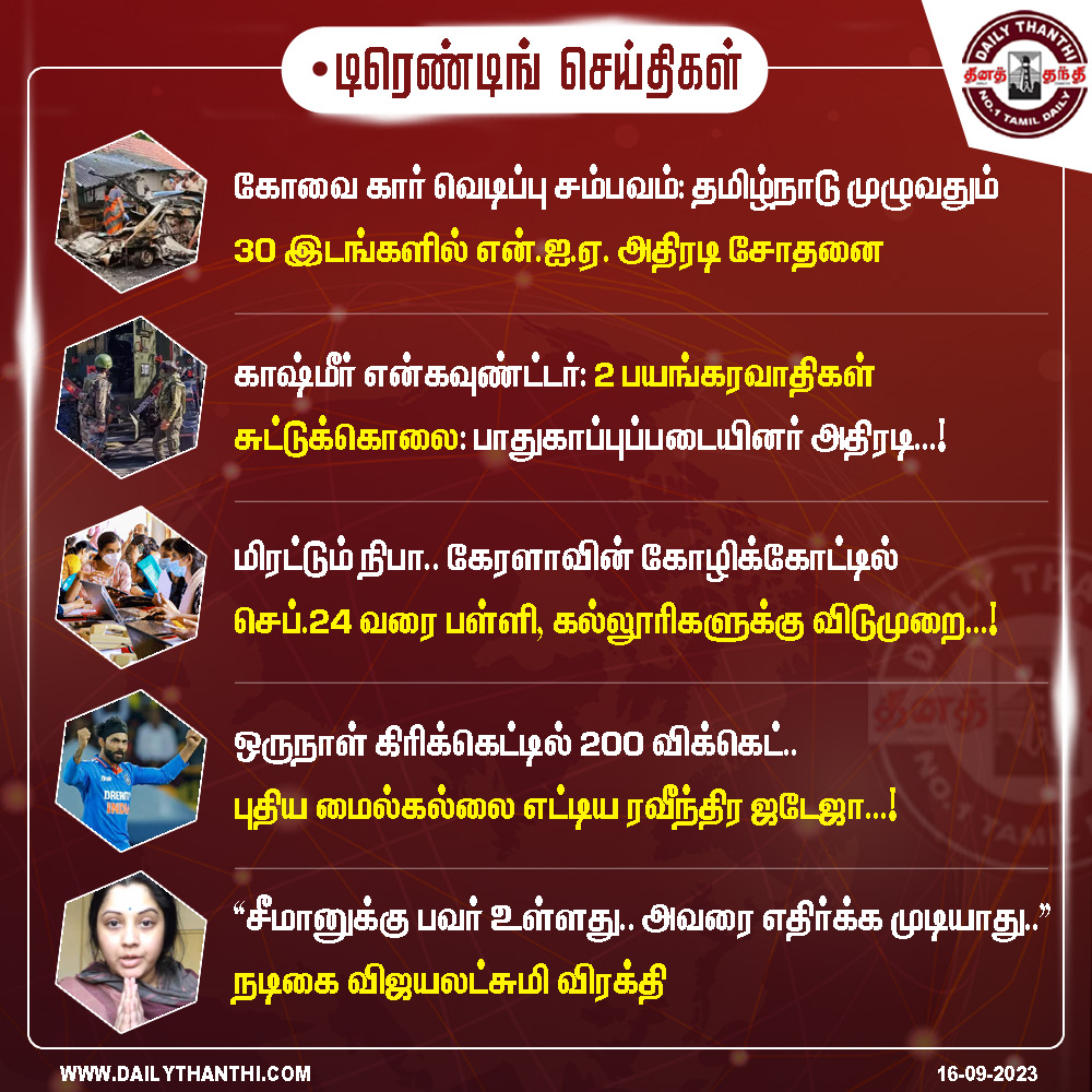 dinathanthi's tweet photo. தற்போதைய நேரத்துக்கான டிரெண்டிங் செய்திகள்
விரிவான செய்திகளுக்கு ----> https://t.co/lTPIvHD0sY
#Dailythanthi #TrendingNews #NIASearch #Coimbatore #Baramulla #Kashmir #NipahVirus #RavindraJadeja #AsiaCup #Seeman #Vijayalakshmi https://t.co/Je2og5ELVa