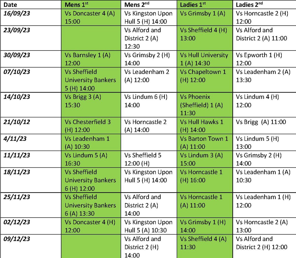 Hockeys back!
Our teams return to action this weekend, here’s the fixtures until December 🏑
#englandhockey #lincs