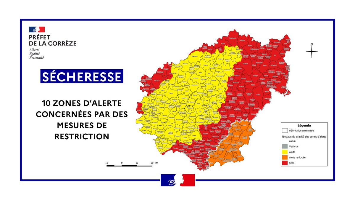 #Sécheresse | Avec les fortes chaleurs et une pluviométrie déficitaire, les indicateurs du suivi de la sécheresse poursuivent leur baisse.
➡ Les mesures de restriction sont renforcées sur 10 des 11 zones d'alertes en #Corrèze.
➕ d'infos 👇
swll.to/2HFrbU