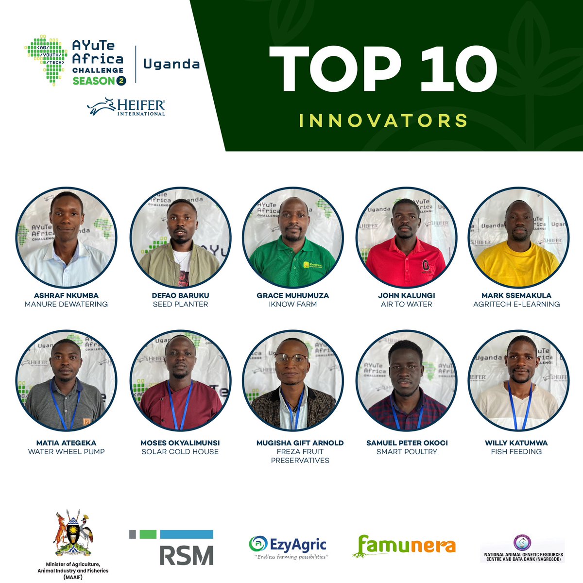 Heifer_Uganda's tweet photo. After fierce competition, here are the innovators that made it to the Top 10! 
Let’s wish them the best as they aim for the top prize - a share of UGX 70,000,000
#AYuTeChallengeUg https://t.co/UeOJncKihI