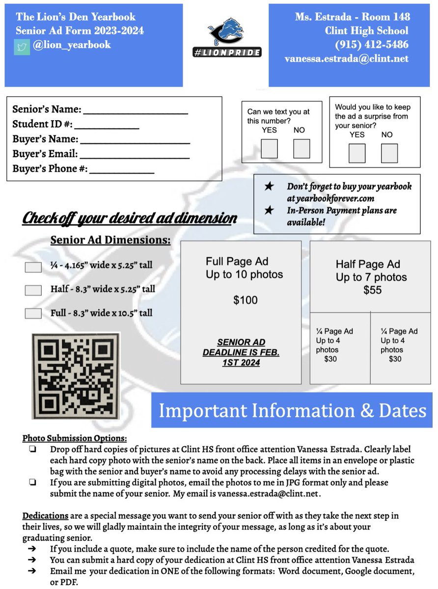 lion_yearbook's tweet photo. RESERVE YOUR SENIOR AD TODAY! π©βπ π¨βπ Space is limited and we all know senior year gets crazy busyπ― so the sooner the better! Contact The Lionβs Lair and letβs make some magic happen!! β¨ππ¦πͺπΌππ©΅π€ππβ€οΈπ€π₯βπΌπ€πΌ #co2024 #hearusroar #wecalltheshots https://t.co/rE5zUpEBa0