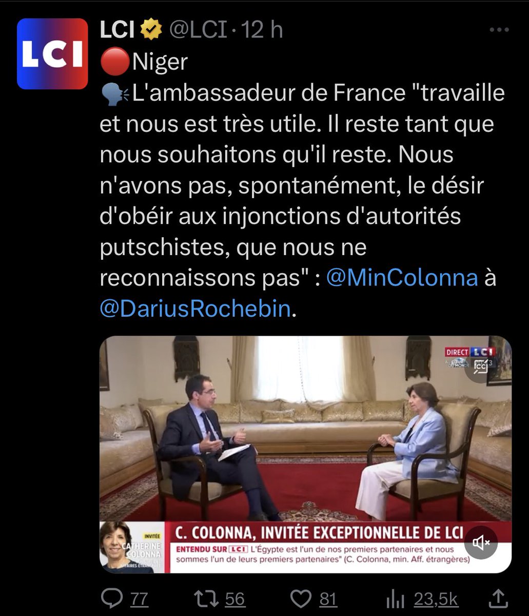PhilippeMurer's tweet photo. Hier, Macron annonce que l’ambassadeur de France au Niger « est pris en otage ».
4 heures plus tard, la ministre des affaires étrangères explique que l’ambassadeur « reste tant que nous le souhaitons ».
✅La France est entrée dans la 4eme dimension ou une chose et son contraire sont possibles.