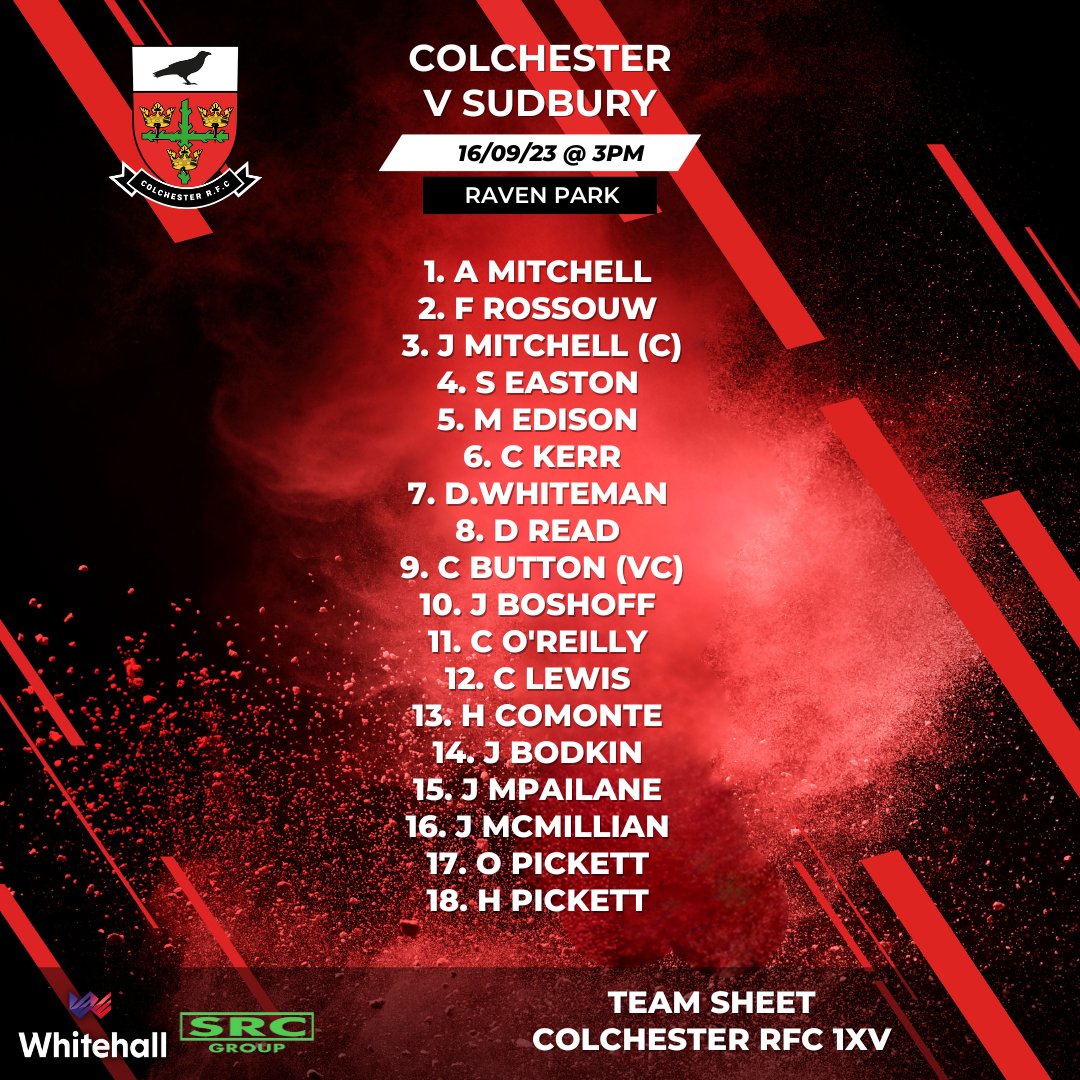 ColchesterRFC's tweet photo. It's game day and here is your 1st XV team to take on Sudbury RFC at Raven Park.
Come down to the ground today for a 3pm kick-off as we welcome our local rivals for a fantastic day of rugby! β«οΈβͺοΈπ΄
#ComeOnCol #easterncountiesrugby #saturdayisgameday #rugby https://t.co/tftapHpjbz