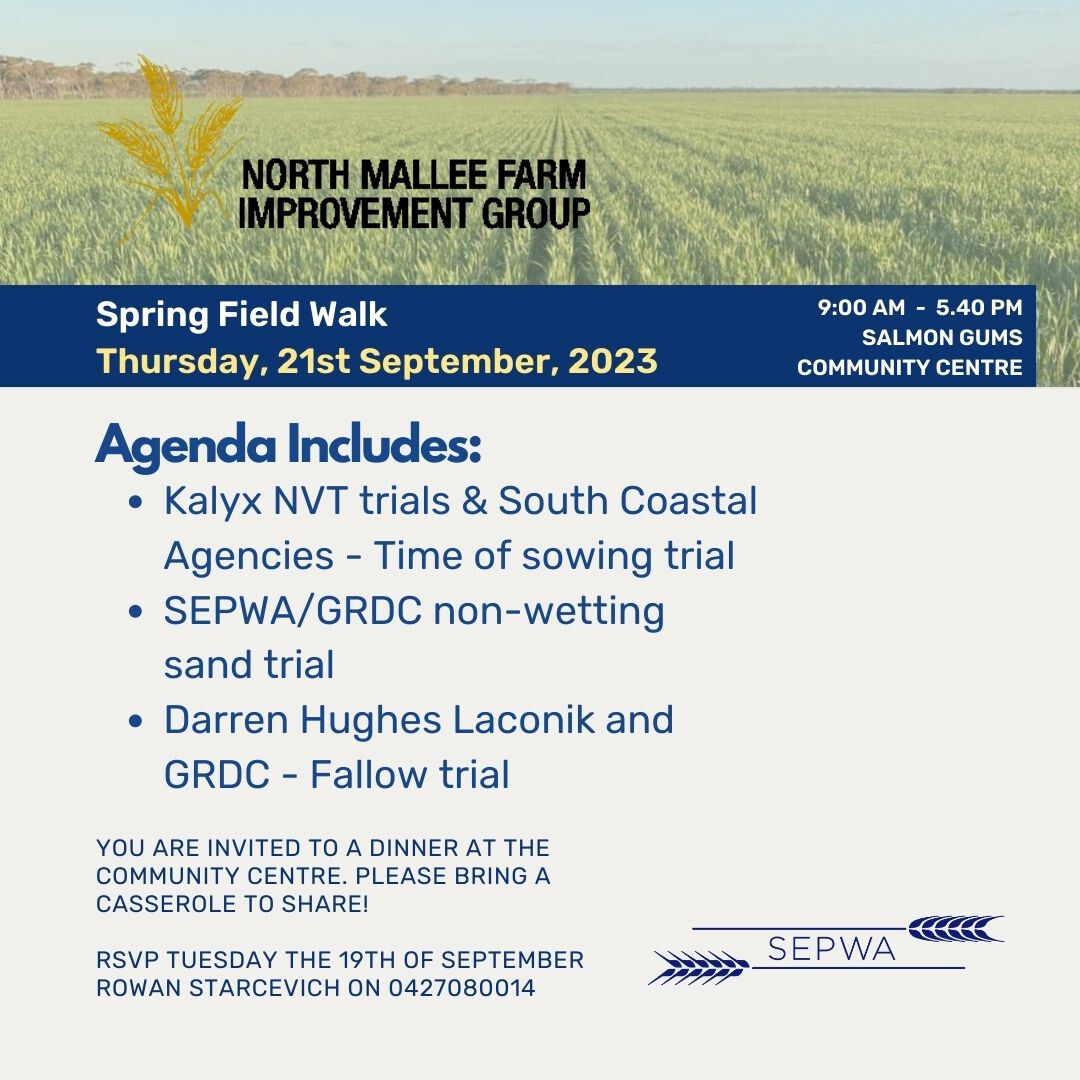 SEPWA_ag's tweet photo. 🌱 Last chance to RSVP for the North Mallee Farm Improvement Group's Spring Field Walk on Thursday, September 21st, 2023, concluding with a casserole dinner at the Community Centre!
RSVP by September 19th, to Rowan Starcevich at 0427080014.
#WAfarming #croptrial #graingrowers https://t.co/rPPHblk8Zf