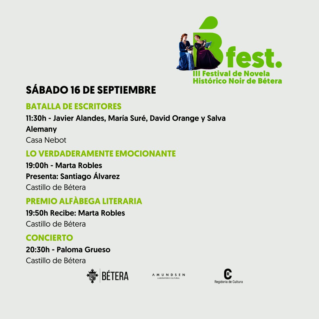 beterafest's tweet photo. 🗓️ Agenda de hoy sábado 16 de septiembre

⚔️ BATALLA DE ESCRITORES 
11:30h - @j_alandes, @MSureOficial  , @DavidOrangeS  y @jacksshadows 
Casa Nebot

📚 LO VERDADERAMENTE EMOCIONANTE 
19:00h - @MartaRoblesG 
Presenta: Santiago Álvarez
Castillo de Bétera https://t.co/OjqtX1z0D4