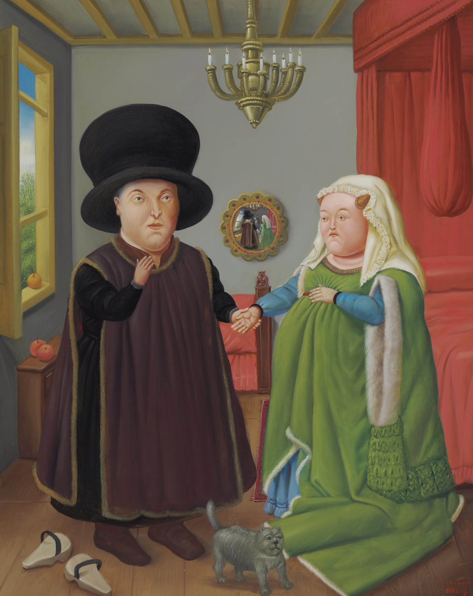 isl1965's tweet image. Aprovechando la muerte de Botero, me he parado a pensar en reinterpretaciones contemporáneas de grandes obras de la historia del Arte. 
Ahí van unas cuantas.
📸 Matrimonio Arnolfini (Van Eyck/Botero).    (sigue)