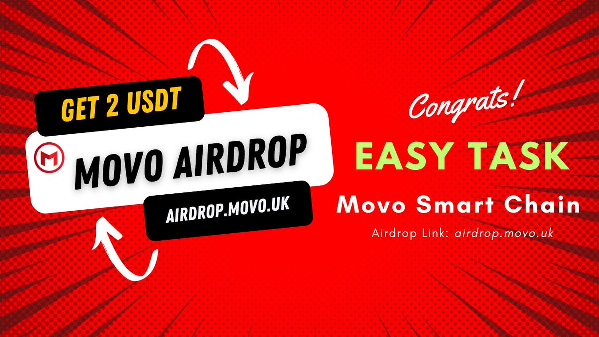 📢 Movo Foundation Airdrop 1,500 USDT
📢Easy tasks and get MOVO and USDT for free
🌐airdrop.movo.uk

💰Total Reward: $1,500 USDT
Rate: ⭐️⭐️⭐️⭐️⭐️
🏆Winners: 600 Random &amp; Top 30
🗓Distribution: 10th October

Talk with gleam bot: gleam.io/KlYxt/movo-fou…

#Token2049, #MOVO,