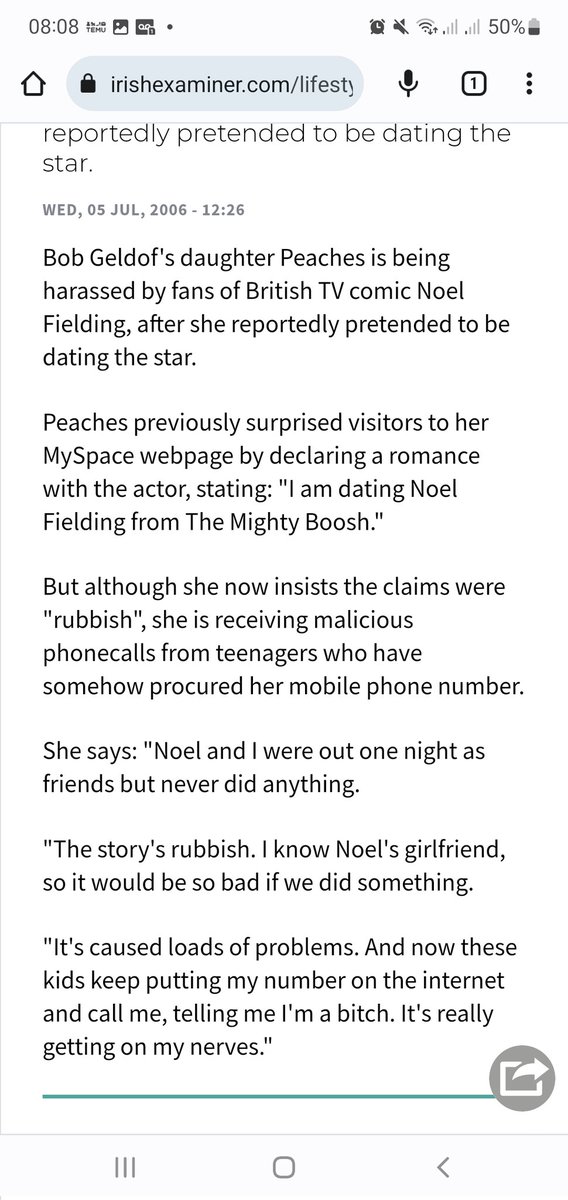 Peaches has been harrassed for years after making a 'Joke' she was dating noel fielding , its not noel 
#fakenews
#Noelfielding
#Dispatches