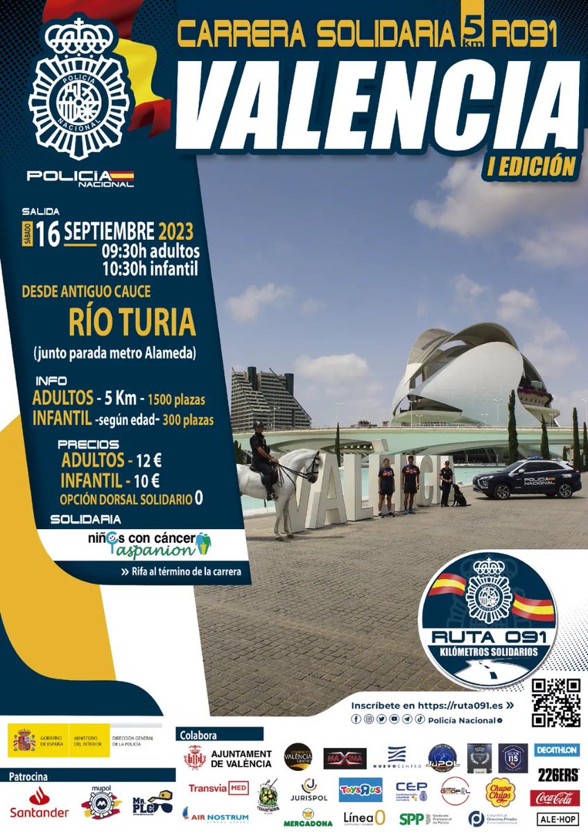 🏃 Hoy se celebra la carrera solidaria #Ruta091 de #València, organizada por la <a href="/policia/">Policía Nacional</a> a favor de <a href="/Aspanion/">Aspanion</a>.
⏰ De 9.30 a 13-30 h
📍 Jardín del #Túria, junto a la parada de metro de Alameda
▶️ Consulta el recorrido y ven a animar 👉 bit.ly/3sG30J7