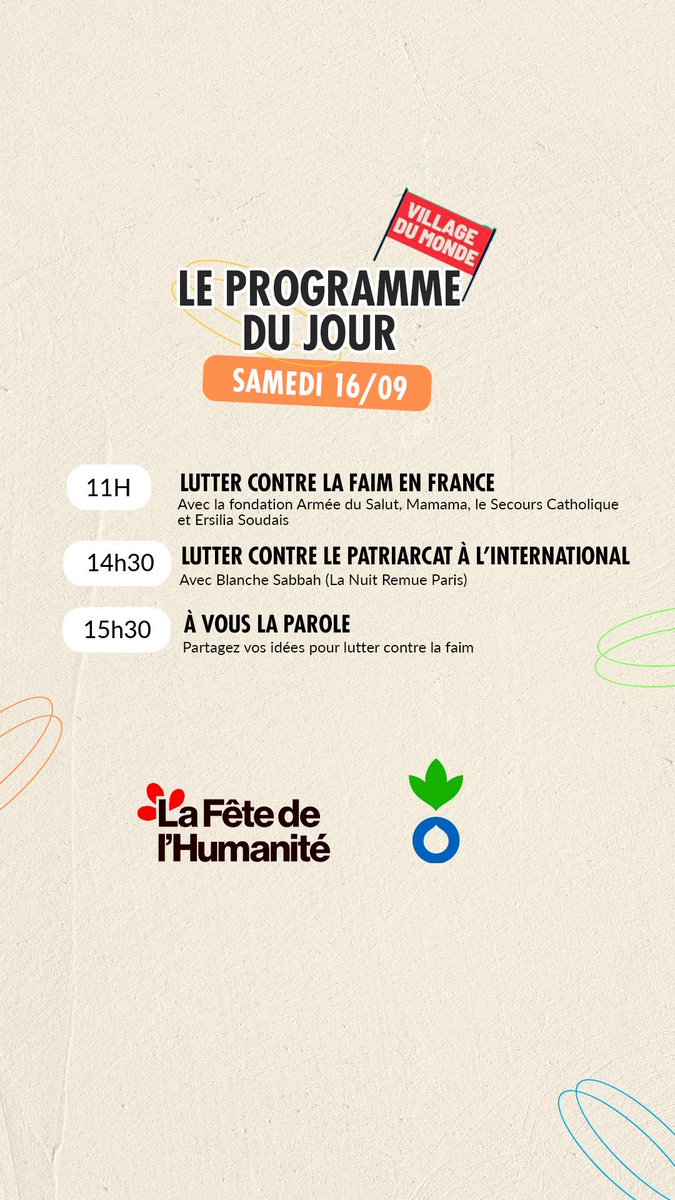 ActionContreLaFaim (@acf_france) on Twitter photo .<a href="/FetedelHumanite/">Fête de l'Humanité</a> jour 2
🔆 Aujourd'hui on vous retrouve pour des tables rondes passionnantes sur le patriarcat et la faim en France 🇫🇷
Et toujours notre fresque collaborative 🎨 un bar à paillettes & un photomaton pour les souvenirs 📸
#Fetedelhuma #Fetedelhumanite .<a href="/FetedelHumanite/">Fête de l'Humanité</a> jour 2
🔆 Aujourd'hui on vous retrouve pour des tables rondes passionnantes sur le patriarcat et la faim en France 🇫🇷
Et toujours notre fresque collaborative 🎨 un bar à paillettes & un photomaton pour les souvenirs 📸
#Fetedelhuma #Fetedelhumanite