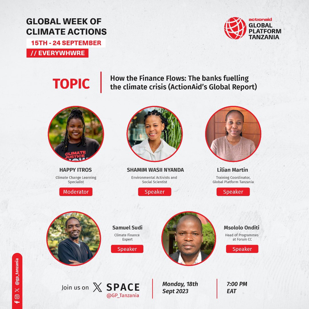 As we are joining the #GlobalWeekofAction , we have prepared a series of Twitter Chats for Climate Justice. With an amazing lineup of speakers, Join us this Monday at 7pm as we Disseminate ActionAid’s Global Report on Climate Financing via Twitter Space #FundOurFuture