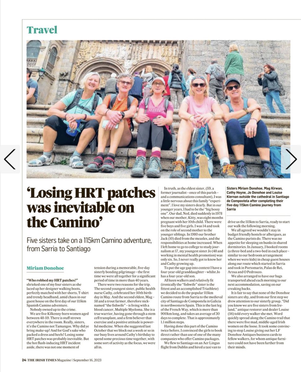 miriamdonohoe's tweet photo. Delighted the @IrishTimes published my feature on the #CaminoSisters today. The 5  Donohoe sisters all had a lovely time! And i still haven’t  discovered the HRT thief…… #Sisters #Camino #Bonding https://t.co/RpHoX2byN1