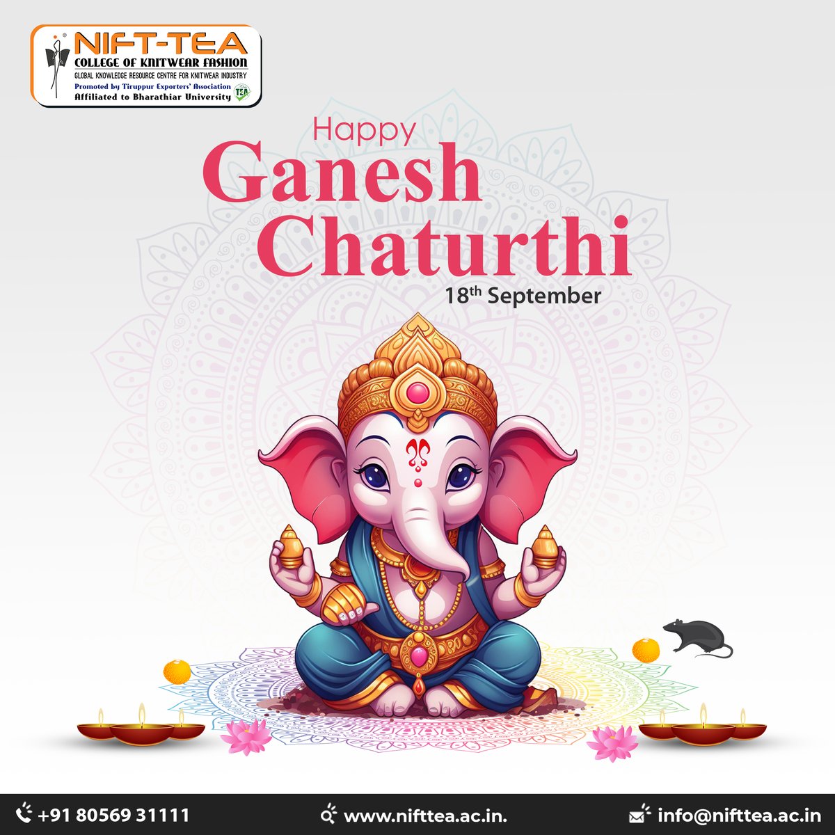 🪔 Celebrate the divine blessings of Lord Ganesha on this auspicious Ganesh Chaturthi at NIFT-TEA College of Knitwear Fashion! 🙏 
#ganeshchaturthi #ganeshchaturthi2023 #GaneshChaturthiSpecial #ganeshchaturthicelebrations #NIFTTEA #FashionBlessings #GaneshaFestival #CreativeVibes