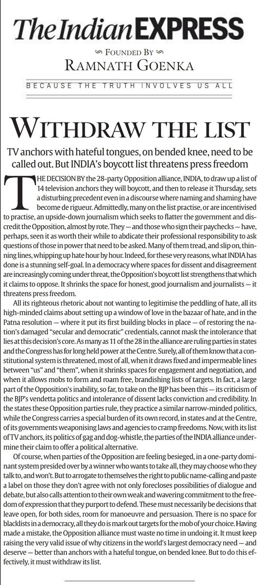 I beg to disagree. 
INDIA's decision to name &amp; boycott hate-mongers is both ethically right and politically smart.
In fact, opposition should go further:
1.Ask their well wishers to boycott these achors (so, no surrogate panelists). 
2. Name and shame owners of these channels.

I