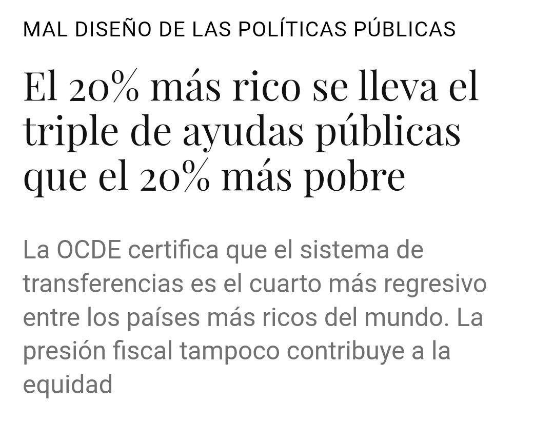 JulenBollain's tweet photo. Según un informe de la OCDE, el 20% de los hogares más ricos de España recibe más del 30% de las ayudas. El 20% más pobre, por su parte, tan solo recibe el 12% de las ayudas.

Pero el 20% más rico te hablará de las paguitas que reciben los pobres. https://t.co/DocQ0Iw550