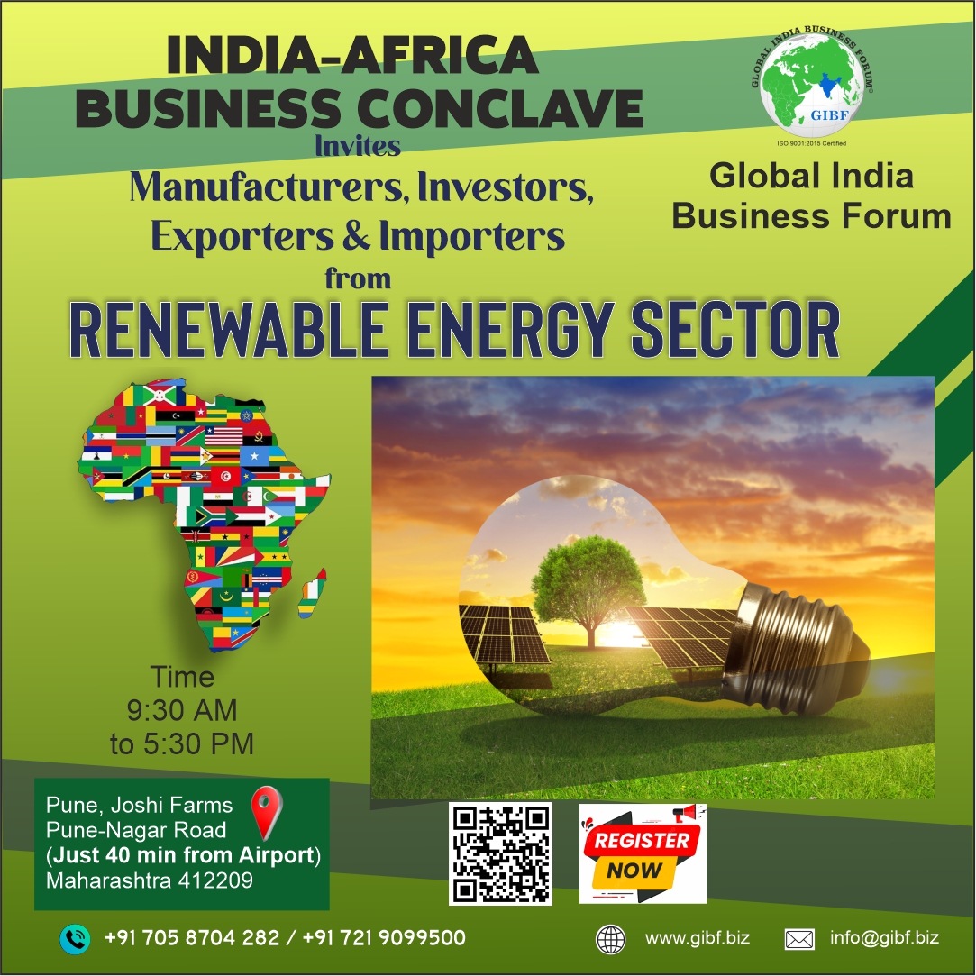 📷 Global India Business Forum organising Event : India-Africa Business Conclave.
Join Us for an Exciting Renewable Energy Event! 
October 6th & 7th
Venue: Joshi Farm Pune
Register now:
forms.gle/NrbVazg1FTceLC…
#RenewableEnergy #energyevent #solarpower #solarpanels #investors