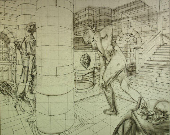 GM!! The perspective underdrawing for my large canvas `Theseus and the Minotaur', 160x200cm. I had to use a very long ruler!!