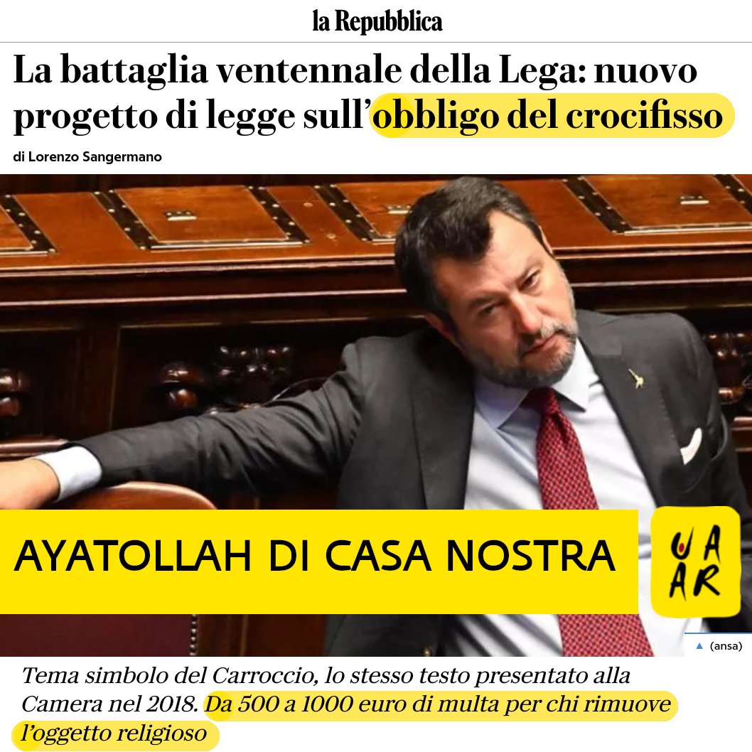 In Italia non esiste alcuna legge per imporre crocifissi negli uffici pubblici. Nel 2021, su ricorso patrocinato dall'Uaar, la Cassazione ha stabilito che «l’esposizione autoritativa del crocifisso nelle aule scolastiche non è compatibile con il principio supremo di laicità», 1/4