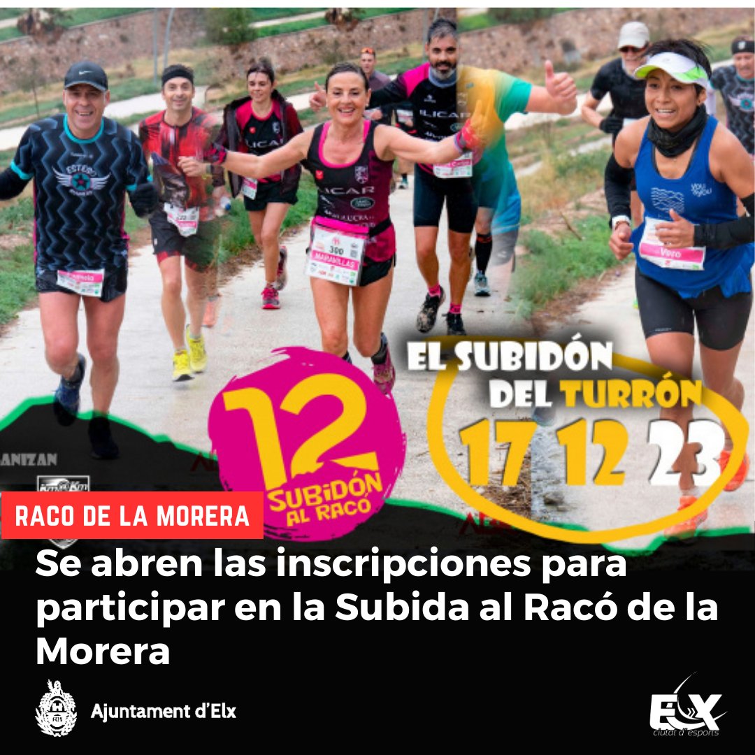S'obrin les inscripcions per a participar en la 'Subida al Racó de la Morera'. L'esdeveniment es realitzarà el 17 de desembre y està organitzat per <a href="/ajuntamentelx/">Ayuntamiento de Elche - Ajuntament d'Elx</a> i <a href="/clubkmakmelche/">Club Km@Km Elche</a> .

Inscripcions 👉 subidaalraco.com

#elx #elche #deporteselche