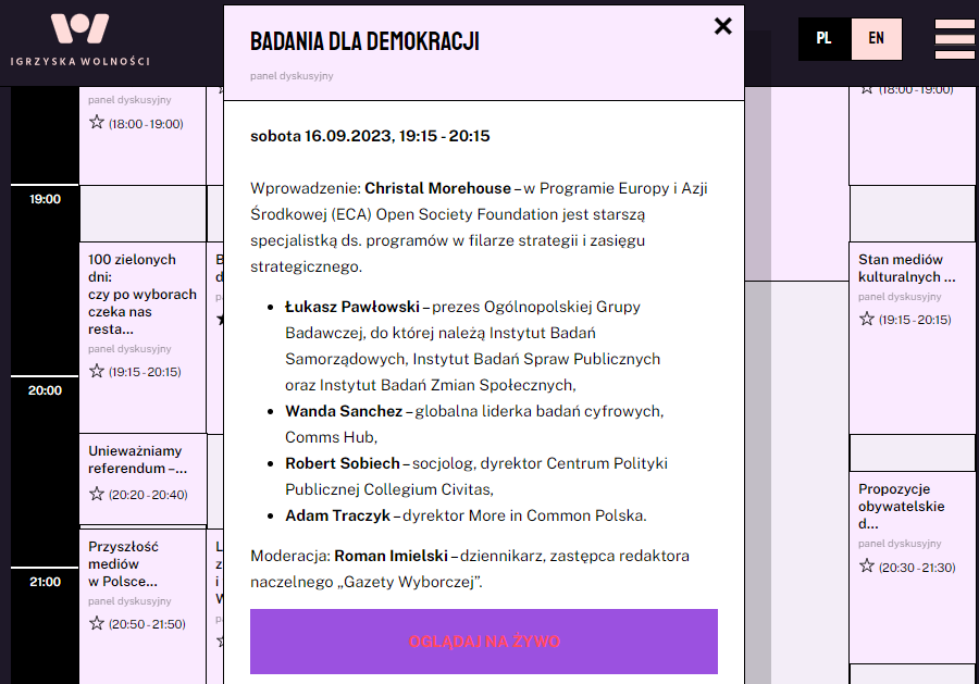 Dziś w trakcie @Freedom_Games zapraszamy na panel 'Badania dla demokracji' z Prezesem OGB @LukasPawlowski. Start już o 19:15, a dla wszystkich tych, których zabrakło w Łodzi, także opcja obejrzenia panelu online.