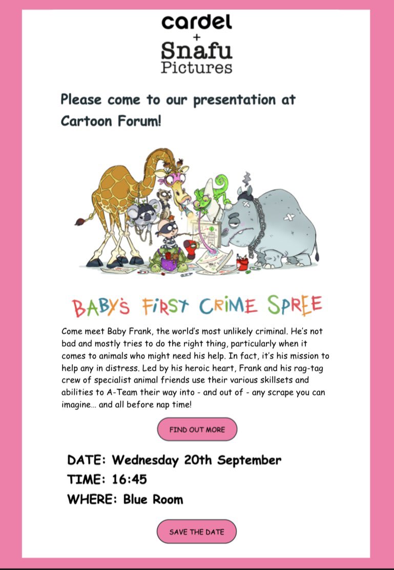 Come see our presentation for our new animated series Baby’s First Crime Spree on Wednesday 20th at 16.45 in the Blue Room at Cartoon Forum @CARTOON_media 
À bientôt à Toulouse #cartoonforum2023 #cartoonforum 
<a href="/ANIMATIONWorld/">AWN</a>  <a href="/animag/">Animation Magazine</a> #snafupictures #cardel
