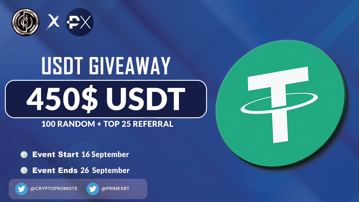 CryptoPromots's tweet photo. 📣 Prime Xbt X Crypto Promoter Massive #Giveaway

🎁 Reward $450 $USDT 

To Enter:
✅ Complete #gleam
https://t.co/zcpnHWpzyg

#Airdrop #Crypto #AirdropCrypto #airdrops #giveawayalert #usdtgiveaway https://t.co/2OISMUIMkk
