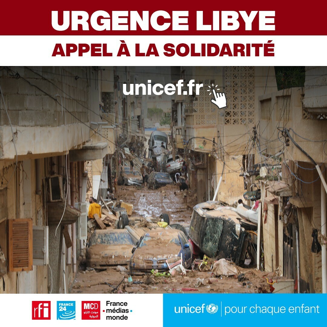France24_fr's tweet photo. Inondations en #Libye : France Médias Monde soutien l'appel aux dons lancé par l'UNICEF pour venir en aide aux enfants et aux populations locales 
➡️ https://t.co/kZfNmCcFbm https://t.co/PhTqFmNUfq