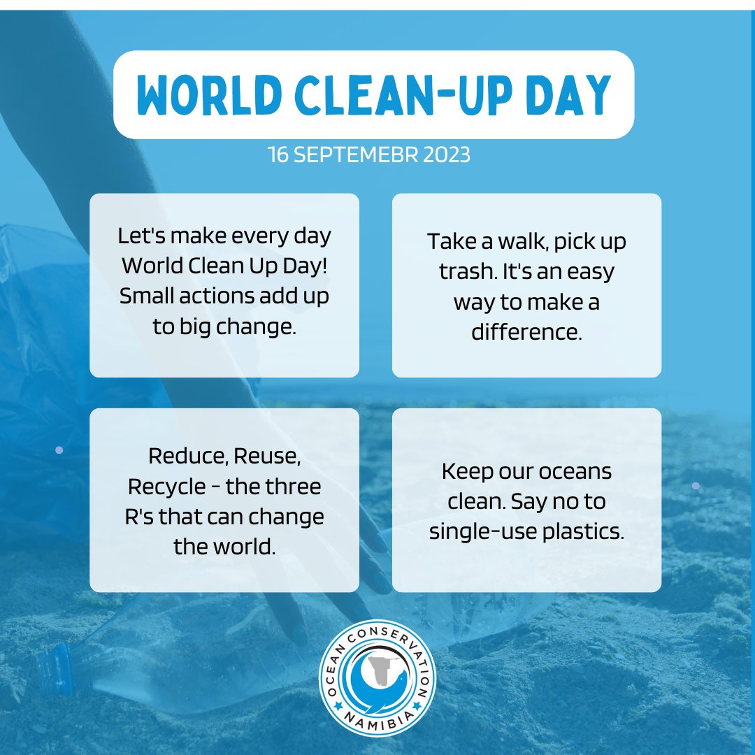 OCNamibia's tweet photo. It's #WorldCleanUpDay! Together, we can make a cleaner world!

Small actions add up to big change.

Join us in protecting our planet. Share your clean-up stories and ideas in the comments below. 👇

#ocn #plasticpollution #cleanerearth #protectourplanet https://t.co/2ZRet0skfL