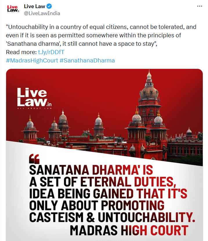 Hinduism is made entirely of Caste system, Untouchability and harmful superstitions. 
Brahmans call it #SanatanDharama etc, but #MadrasHighCourt has made it clear that untouchability and casteism cannot be tolerated in a country of Equal citizens. 
#SanatanaDharma #Brahmanism