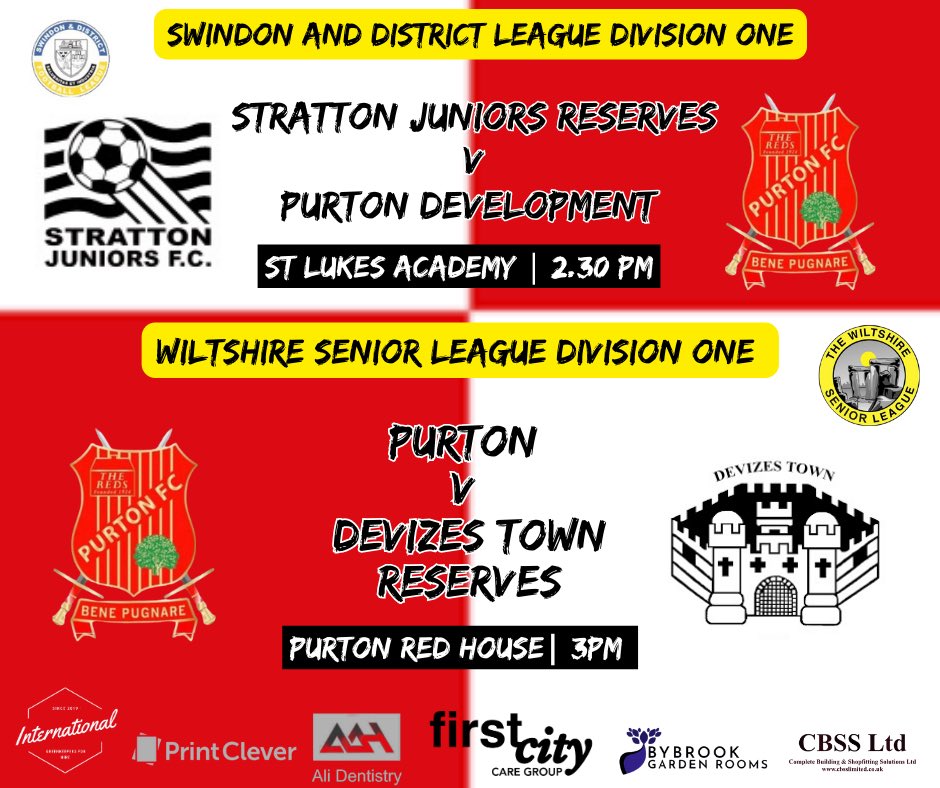 🔴 Both Purton teams in action today… 

🔴 The Devs make the short journey to face @StrattonJuniors reserves away at 2.30 

🔴 And the big @WiltsLeague clash of the day sees our first team welcome @DevReservesFC to the Red House at 3pm 

Plenty of parking - cafe and pub open