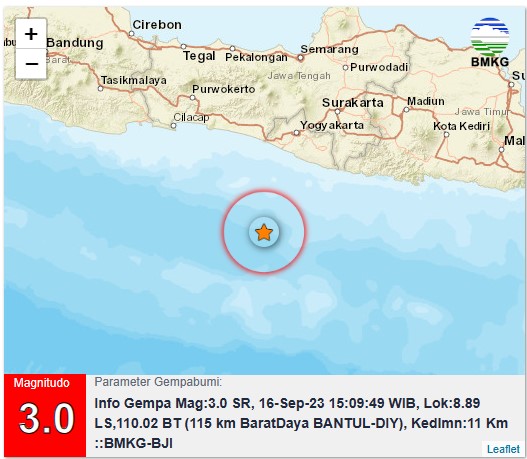 bmkgjogja's tweet photo. Info Gempa Mag:3.0, 16-Sep-23 15:09:49 WIB, Lok:8.89 LS,110.02 BT (115 km BaratDaya BANTUL-DIY), Kedlmn:11 Km ::BMKG-BJI https://t.co/tflq45eotG