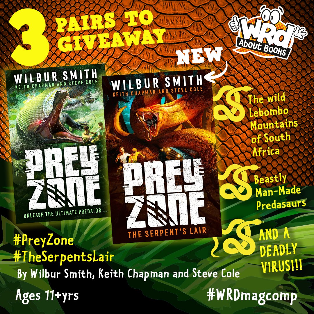 We have 3 THRILLING pairs of #PreyZone & #TheSerpentsLair by @thewilbursmith Keith Chapman & @SteveColeBooks to WIN!
Can Ralph & Robyn expose the nefarious Gerhard & his beastly predasaur virus, unleashed deep in the jungle?
To enter RT/Flw by Sep 22
@HotKeyBooks #WRDMagComp