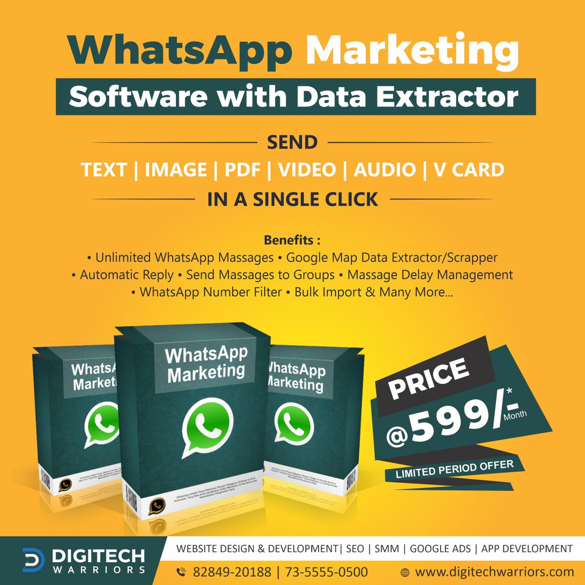 Digitechwarrior's tweet image. Unlock the power of efficient communication and data with our WhatsApp Marketing and Google Data Extractor software! 🚀 Boost your marketing strategy with targeted WhatsApp campaigns. Get started today and take your business to the next level! 💼 #digitechwarriors #DataExtractor