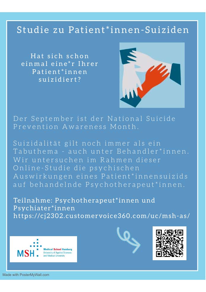Wichtige Studie der #MSH zum Erleben/Umgang mit Patient*innen-#Suizid. Bitte um Teilnahme betroffener Psychotherapeut*innen/ Psychiater*innen und RT. Dauer 15-20 Min. bit.ly/3LlBKpK
#Suizidalität #PatientSuicide #PatientenSuizid #Psychotherapie #mentalhealth #depression