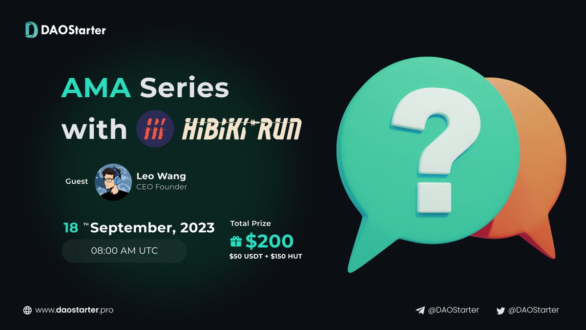 DaoStarter's tweet photo. 🎙 AMA ANNOUNCEMENT   

🎧The Twitter space #AMA with @HibikiRunTeam 
 
🤠Guest： Leo Wang CEO/Co-founder

⏰Date : 8:00AM 18th of September 2023 UTC

😍Rewards : 50U + 150 U in $HUT FOR 50 RT

📑Rules: 
1⃣Follow @DaoStarter & @HibikiRunTeam 
2⃣🩷+ RT 
3⃣Leave your BSC address  in the comment

#IDO #Giveaway #AMA #Airodrop