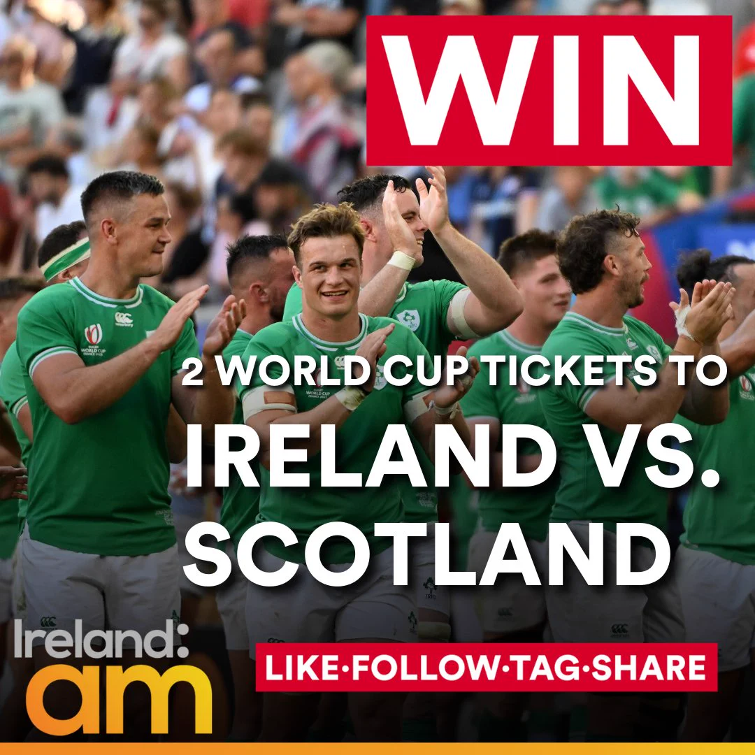 Photo shows the Irish rugby team clapping with text stating: 

'Win 2 World Cup Tickets to Ireland Vs. Scotland.  Like.Follow.Tag.Share' 

Photo Credit: Caroline Blumberg/EPA-EFE/Shutterstock