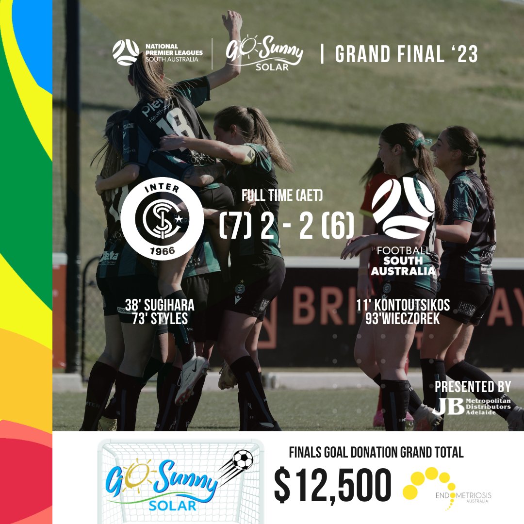 Victory for @SalisburyInter in the #GoSunnySolarWNPL Grand Final: A thrilling draw, 14 penalties each, and a triumphant shootout win! 🏆 Each goal in this Finals Series (inc pen shootout goals), @GoSunnySolarAus will be donating $250 to @EndometriosisAu, with public donations…
