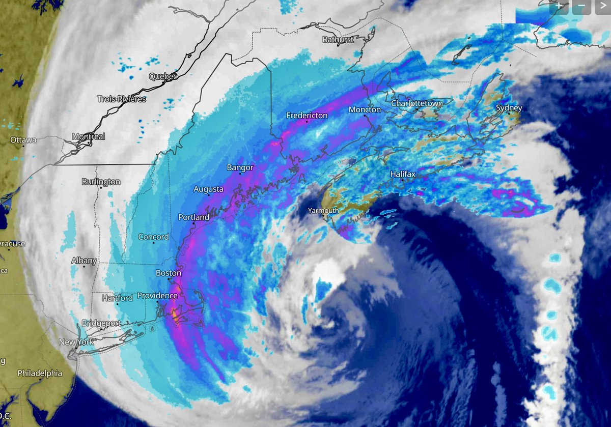 HURRICANE UPDATE: At 5:oo a.m., Lee is 300 km S of Yarmouth. Sustained winds of 65 km/h at Bacarro Point; G to  91 on Brier Island. Lee is still a large, powerful storm! All warnings remain!  Details available at your convenience cindyday.ca #hurricanelee #StormUpdate