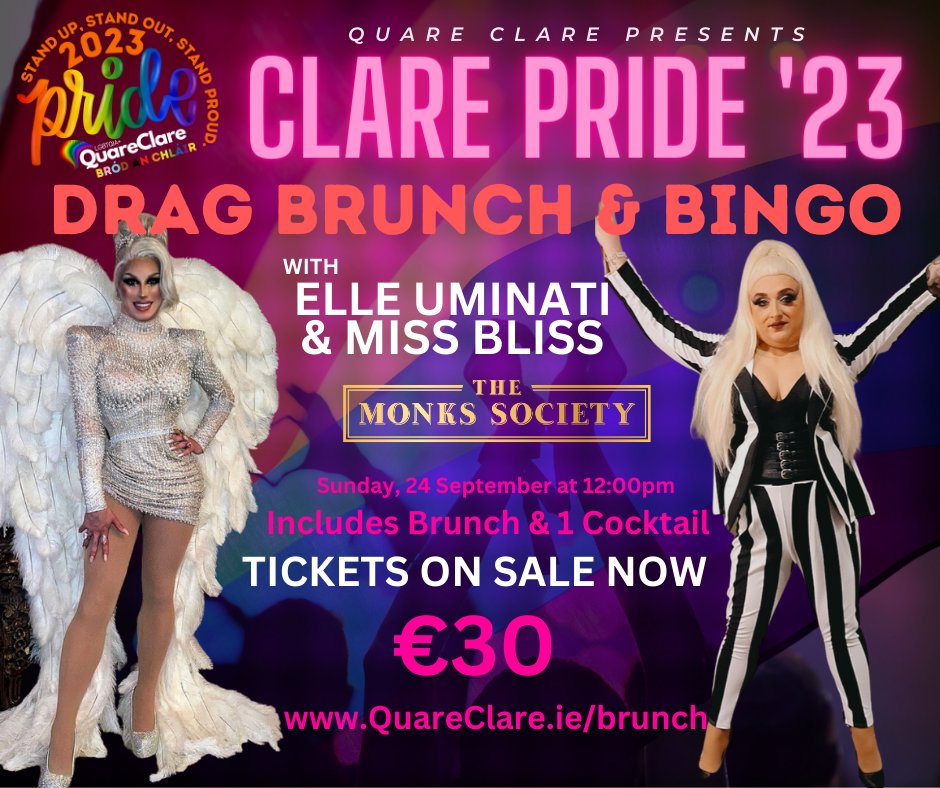 QuareClareLGBTQ's tweet photo. Let's get Our Brunch On! Let Clare's Own Elle Uminati with Miss Bliss entertain you at The Monks Society on the 24th of September to close out Clare Pride 23! Get Your tickets now! https://t.co/XnoyDqM7yk #QuareClare #ClarePride #LGBTQIA #DragBrunch https://t.co/Lzx4sz1hC8