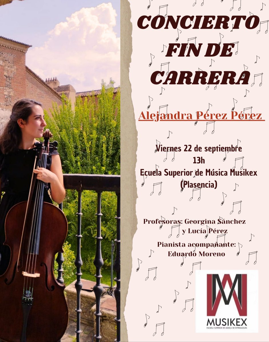 Próximo viernes 22 de septiembre, 13:00h. Concierto Fin de carrera Alejandra Pérez Pérez, violonchelista.
