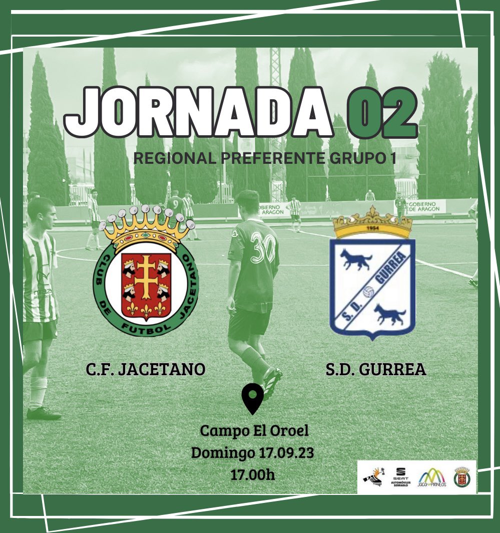 ¡𝓢𝓮𝓰𝓾𝓷𝓭𝓪 𝓳𝓸𝓻𝓷𝓪𝓭𝓪 𝓭𝓮 𝓵𝓲𝓰𝓪! ⚽️

Jornada 0️⃣2️⃣

C.F. Jacetano 🆚 S.D. GURREA
⏰17.00h | 🏟️ Campo El Oroel

A ganar verdes! 💚

#JacetanoGurrea | #Aúpaverdes

#SomosJacetano #JacaPirineos #AutomovilesSerrablo #Jacetania2000inmobiliaria