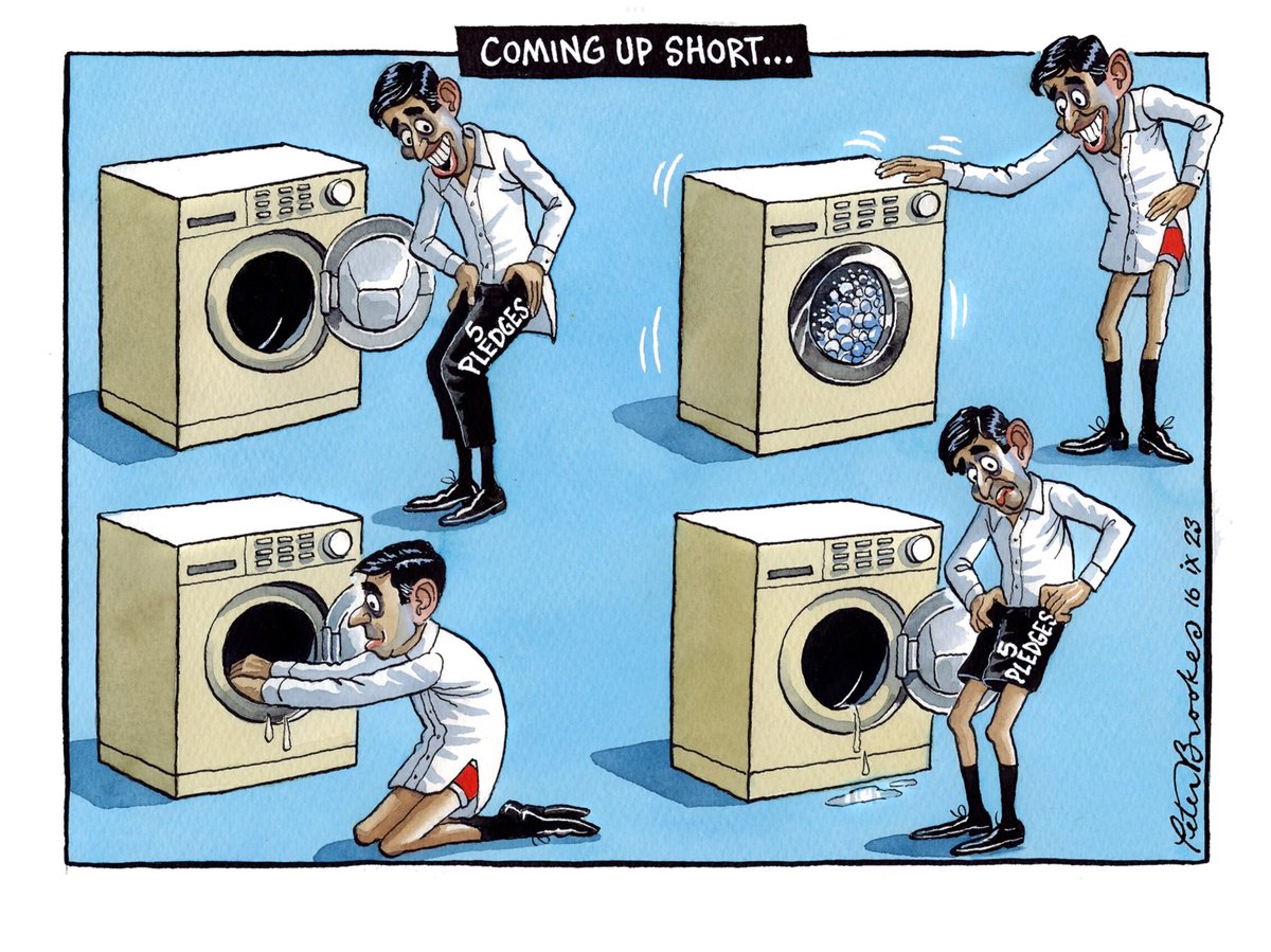 BrookesTimes's tweet photo. My cartoon @TheTimes Saturday. Btw, did you notice how ‘pledges’ slyly morphed into ‘priorities’ as targets looked unattainable? #5pledges #Sunak https://t.co/xRQHYSOBu4