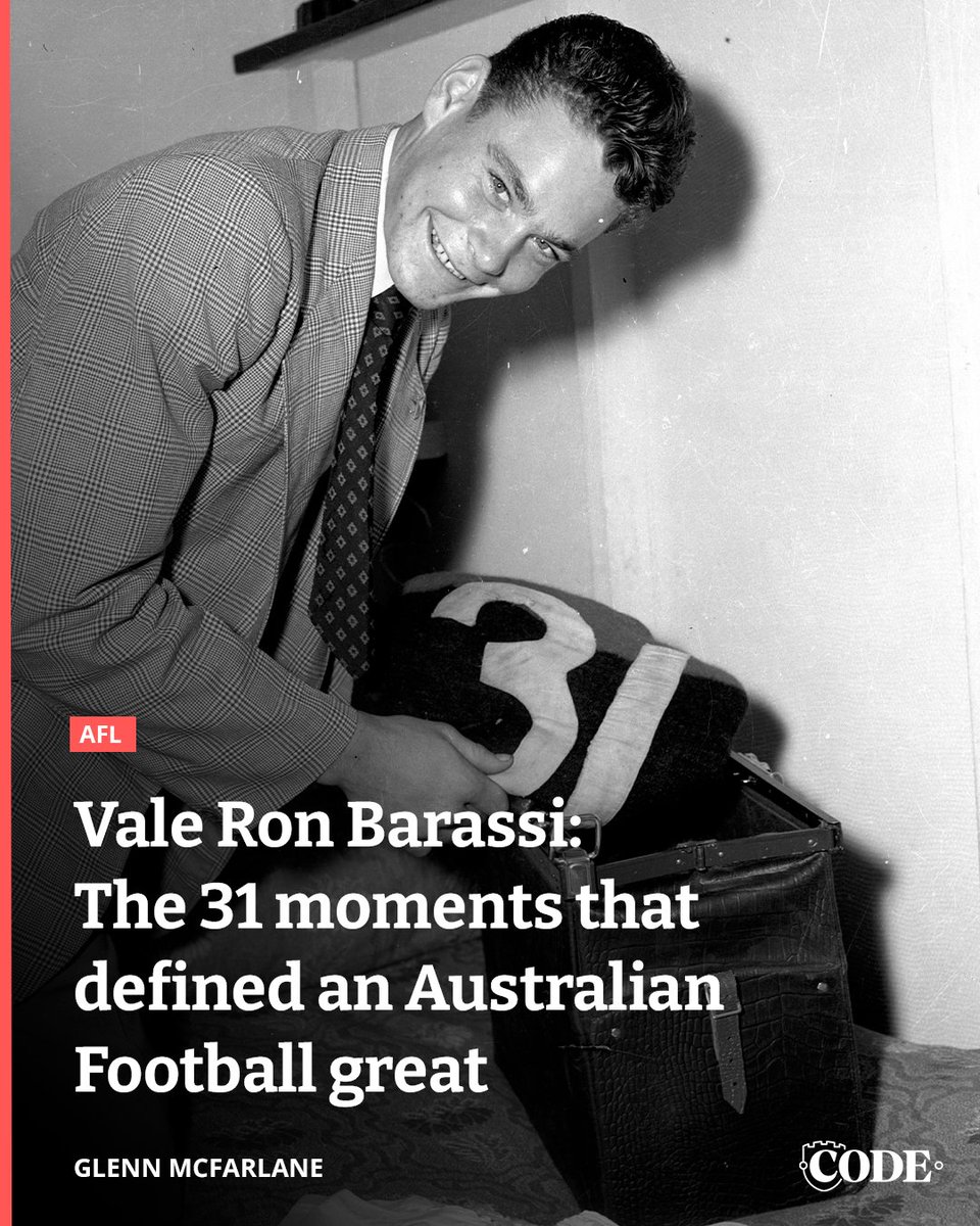 codeaflau's tweet photo. Ron Barassi will be remembered as one of the greatest figures in the history of the VFL/AFL. @MaccaHeraldSun looks at the 31 moments that defined the man who made the No. 31 his own | https://t.co/IDazI40zZF
#RIPRonBarassi ๐ https://t.co/FHGDwhoBRX