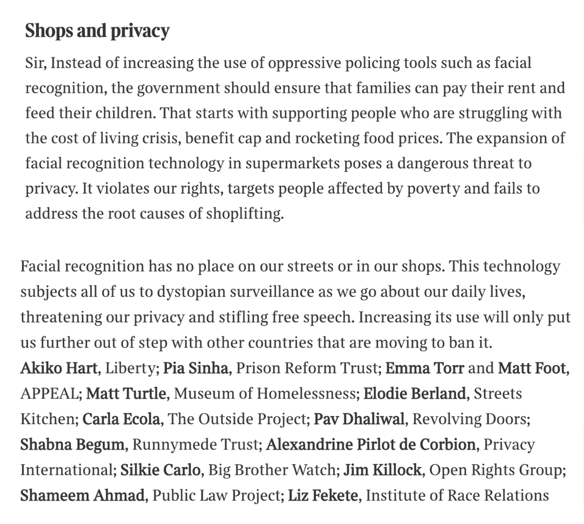 The govt should be making sure everyone can afford to put food on the table - not spying on us while we do our shopping

Our letter in today's Times with 12 other groups calling for an end to invasive facial recognition tech, and more support for people who are struggling ⬇️