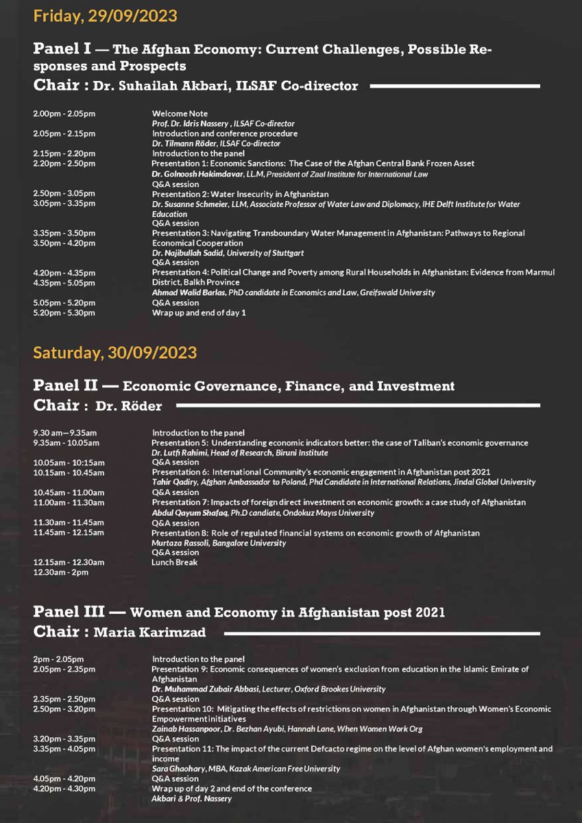 #ILSAF_2023_Conference 

#SaveTheDate :  #29_30September 

We are excited to unveil our conference program brochure 📖✨ #Join us for stimulating discussions on the pressing economic challenges facing #Afghanistan. 

For participation #register via info@ilsaf.org