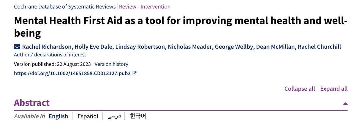 A really disappointing but expected result.  Despite the value of concept, the jury on evidence  cannot support Mental Health First Aid training in improving mental health. Scaling up, driven by enthusiasm, is well ahead of the evidence . This worthwhile idea needs a rethink.