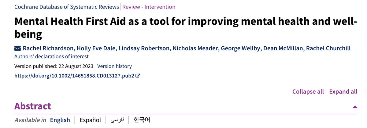 A really disappointing but expected result. Despite the value of concept, the jury on evidence cannot support Mental Health First Aid training in improving mental health. Scaling up, driven by enthusiasm, is well ahead of the evidence . This worthwhile idea needs a rethink.