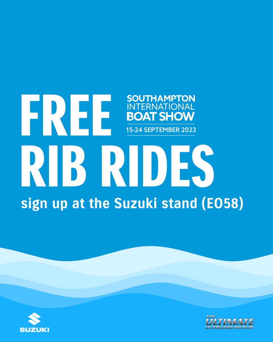 SuzukiMarineUK's tweet photo. Fancy a blast on a Suzuki-powered RIB at the Southampton Boat Show ? The look no further than the Suzuki RIB Experience! Sign up on stand E058 - we're running them all week.
#Suzuki #SuzukiMarine #TheUltimateOutboardMotor #ribexperience #powerboating #weloveboating #boating #fun https://t.co/wUShL6K4xw