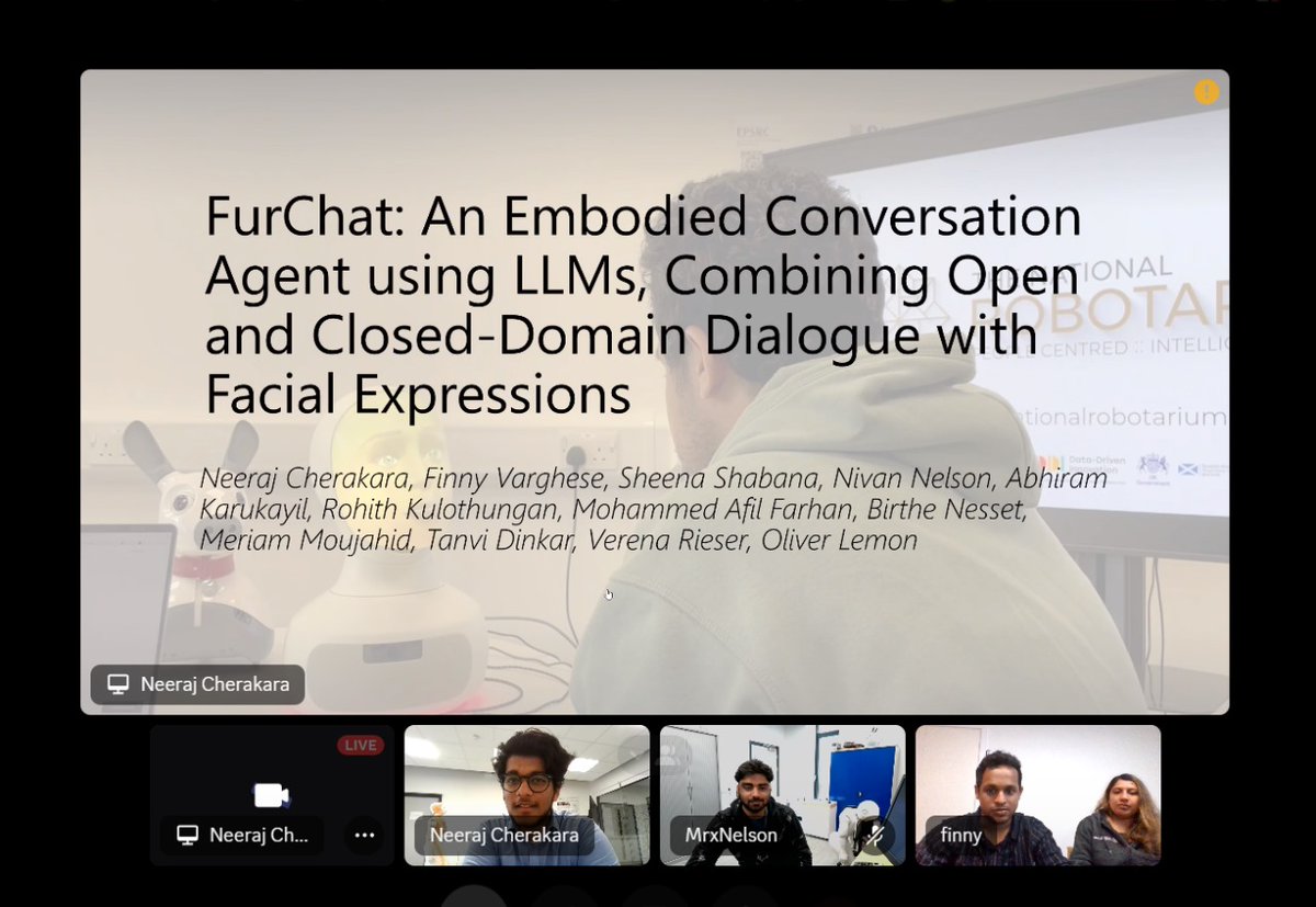 Neeraj Cherakara (@n_cherakara) on Twitter photo Yesterday, we presented our demo paper (virtually) at <a href="/sigdial/">SIGdial</a>.🥳
Thanks to: <a href="/talkwithfinny/">FINNY VARGHESE</a> <a href="/ShabanaSheena/">Sheena Shabana</a>, Nivan Nelson, Abhiram Karukayil, <a href="/addictedkingAK/">Rohith K</a>, Mohammed Afil Farhan, <a href="/BirtheNesset/">Birthe</a>, Meriam Moujahid, <a href="/t_dinkar/">Tanvi Dinkar</a> <a href="/verena_rieser/">Verena Rieser</a> <a href="/oliverlemon/">Oliver Lemon</a> @NRobotarium Yesterday, we presented our demo paper (virtually) at <a href="/sigdial/">SIGdial</a>.🥳
Thanks to: <a href="/talkwithfinny/">FINNY VARGHESE</a> <a href="/ShabanaSheena/">Sheena Shabana</a>, Nivan Nelson, Abhiram Karukayil, <a href="/addictedkingAK/">Rohith K</a>, Mohammed Afil Farhan, <a href="/BirtheNesset/">Birthe</a>, Meriam Moujahid, <a href="/t_dinkar/">Tanvi Dinkar</a> <a href="/verena_rieser/">Verena Rieser</a> <a href="/oliverlemon/">Oliver Lemon</a> @NRobotarium