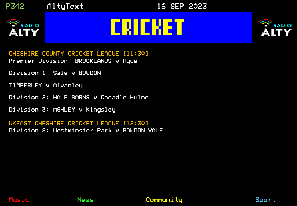 #AltyText - Cricket. For the last time in the 2023 season, here's today's fixtures for <a href="/Brooklands_CC/">Brooklands Cricket</a>, <a href="/BowdonCricket/">Bowdon Cricket Club</a>, <a href="/Timperley_CC/">TimperleyCricketClub</a>, <a href="/HaleBarnsCC/">Hale Barns Cricket Club</a>, <a href="/CricketAshleyCC/">Ashley Cricket Club</a> and <a href="/BowdonValeCC/">Bowdon Vale CC</a>. #RadioAltySport